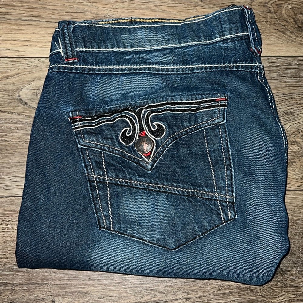 Indigo‎ Mechanics Blue Y2K Distressed Embroidered Flap Pockets Jeans 42x30 RARE